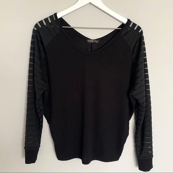 NWT Women’s Black Sheer-Stripe Sleeve V-Neck Top - Picture 1 of 7